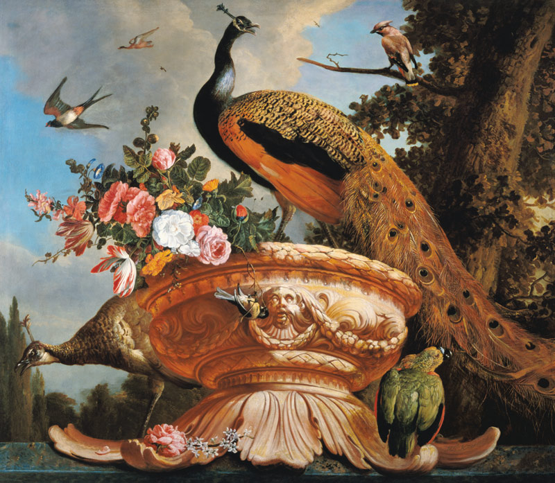 A Peacock on a Decorative Urn von Melchior de Hondecoeter