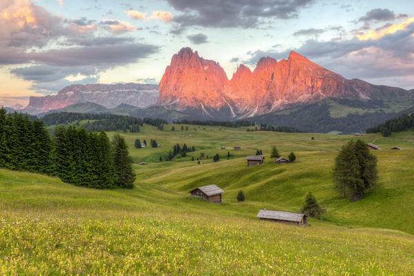 Alpenglühen auf der Seiser Alm in Südtirol von Michael Valjak