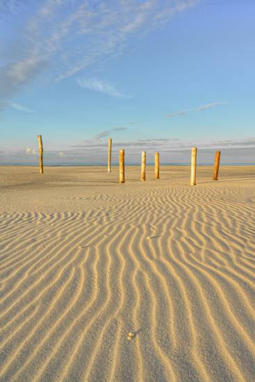 Holzpfähle auf dem Kniepsand auf Amrum