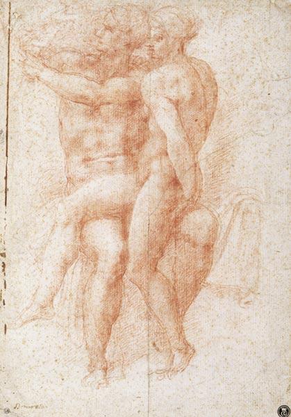 Nude female seated on the knees of a seated male nude: Adam and Eve
