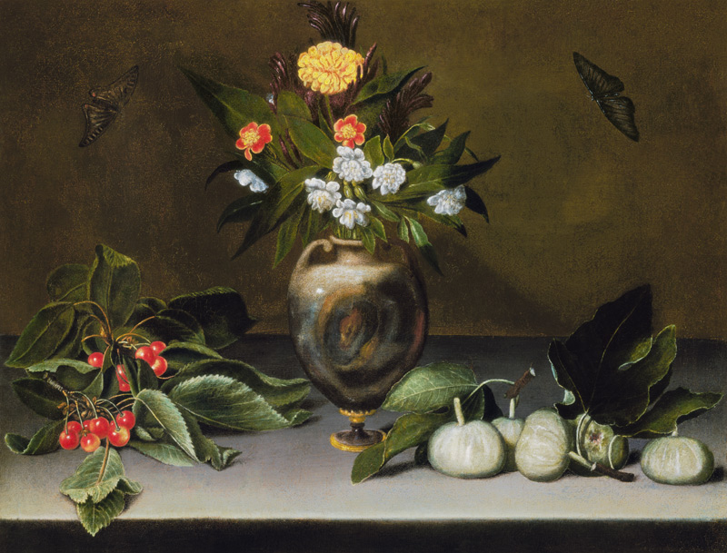 Vase mit Blumen, Kirschen, Feigen und zwei Schmetterlingen von Michelangelo Caravaggio