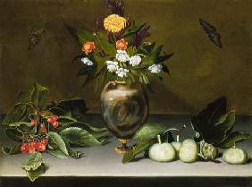Vase mit Blumen, Kirschen, Feigen und zwei Schmetterlingen