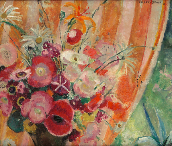 Orange striped curtain, c von Mildred Bendall