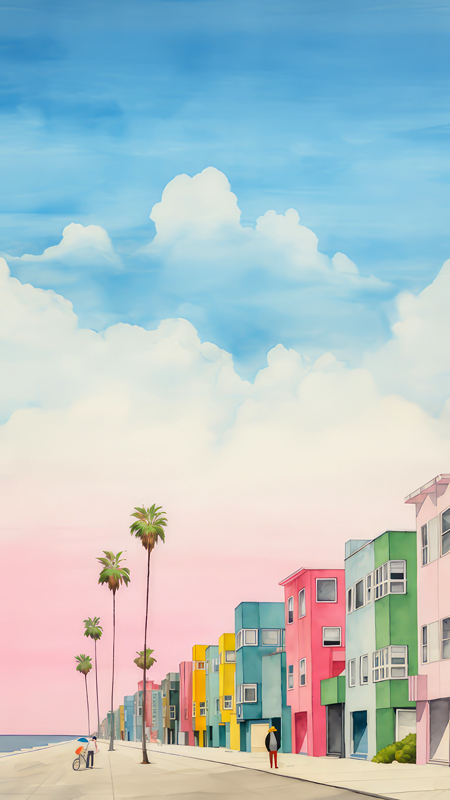 Bunte Aquarelle mit Palmen, Menschen und Strasse in Venice Beach, Kalifornien, USA von Miro May