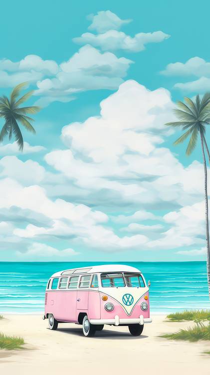 Bunte Aquarelle mit einem VW Bus unter Palmen. Strand, Wolken und Freiheit  von Miro May