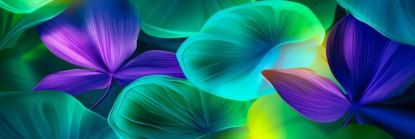 Bunte Blätter im Regenwald, neon leuchtende Farben in modernen Look von Miro May