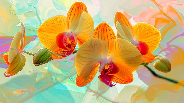 Bunte Orchideen in gelb und rot auf abstrakten Hintergrund von Miro May