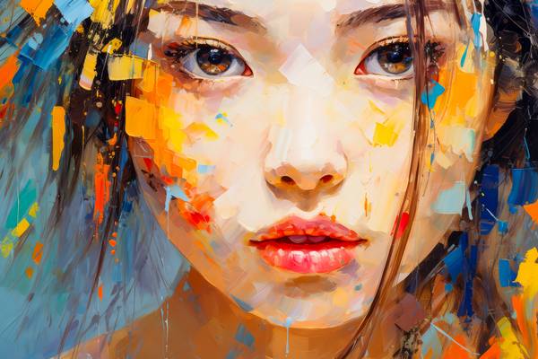 Buntes Portrait einer Frau, Ölfarbe auf Leinwand.  von Miro May