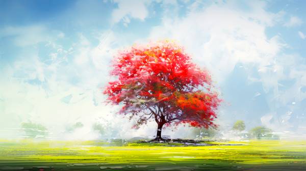 Ein lebhaft roter Baum erhebt sich über einer saftig grünen Wiese,  von Miro May