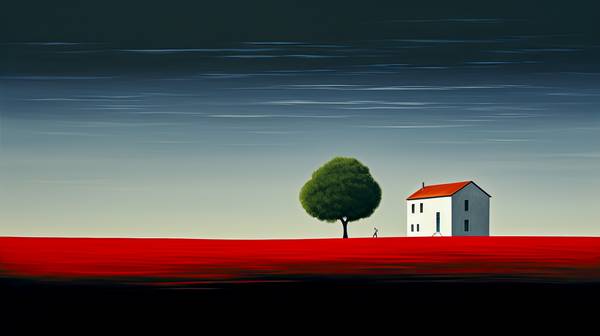 Ein weiteres Haus im roten Feld und ein Baum von Miro May