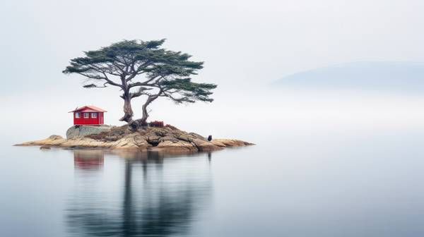 Eine Insel im See mit einem roten Haus und einem Baum in japanischen Look von Miro May