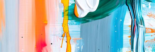 Eine Nahaufnahme eines abstrakten Gemäldes mit bunten Pinselstrichen und Tropfen, von Miro May