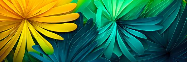 Gelbe und grüne Blumen in Nahaufnahme. Moderne organische Formen von Miro May