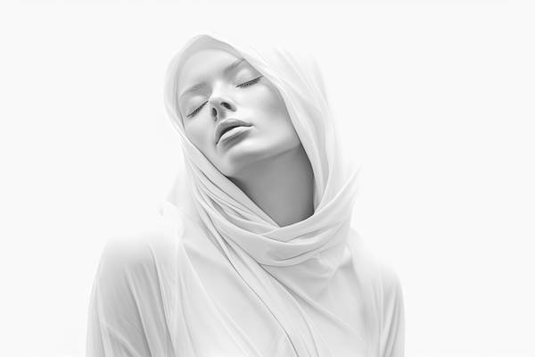 High-Key Porträt einer Frau mit einem weißen Seidenschal von Miro May