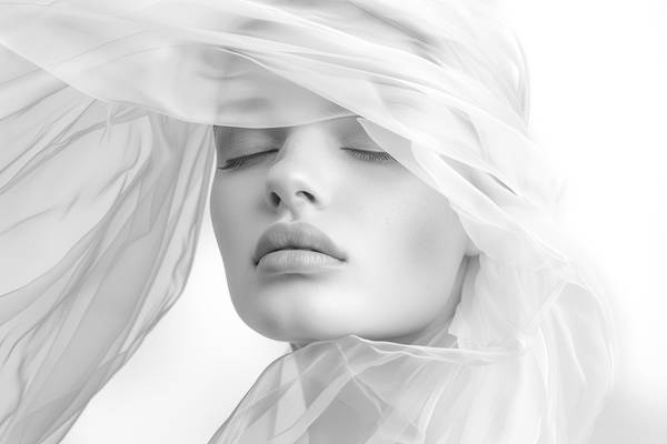 High-Key Porträt einer Frau mit weissem Schal. Monochrome Fotografie von Miro May