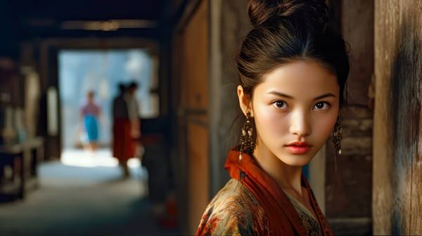 Portrait einer wunderschönen Frau in einer Nebenstrasse in Peking, China. von Miro May