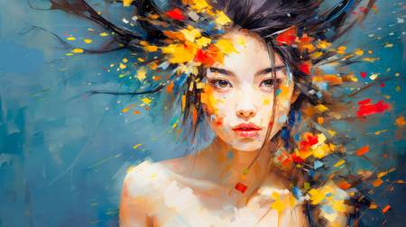 Buntes Portrait einer jungen Frau, mit Farbklecksen auf Leinwand. 