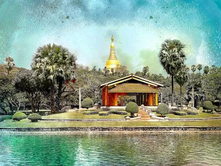 See am Shwedagon Tempel in Yangon, Myanmar, Burma, Fotokunst, Retro, Vintage