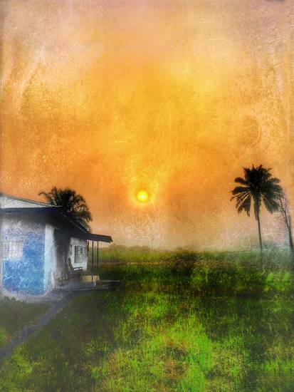 Sonnenaufgang unter Palmen, Haus in Afrika, Sierra Leone, Fotokunst, Retro, Vintage