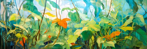 Vielfältige exotische Pflanzen in einer tropischen Kulisse. Bunte florale Landschaft. von Miro May