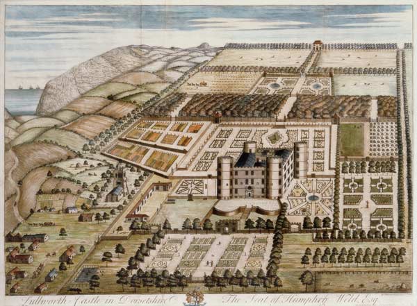 Lulworth Castle, Dorset, seat of Humphrey Weld (engraving) von Mrs Humphrey Weld