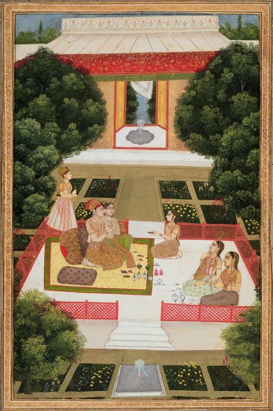 A couple in a garden listening to music with female attendants, from the Small Clive Album von Mughal School