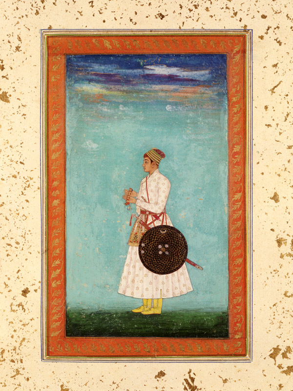 A young nobleman of the Mughal court holding a sealed brocade envelope,  from the Large Clive Album von Mughal School