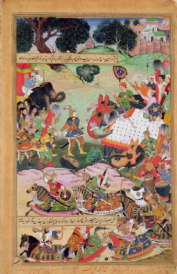 Akbar receiving the drums and standards captured from Abdullah Uzbeg, Governor of Malwa, in 1564