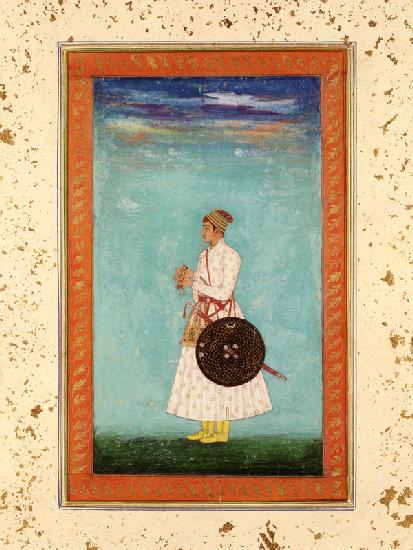 A young nobleman of the Mughal court holding a sealed brocade envelope,  from the Large Clive Album