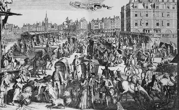 The Congestion in Paris, Pont Neuf from the Rue Dauphine von Nicolas Guerard