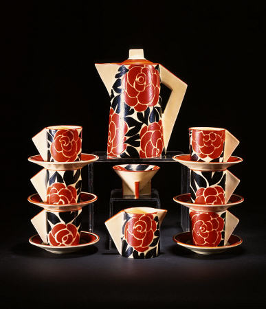  A Conical Coffee Set For Six, Painted In Shades Of Red And Black On A Latona Ground, Comprising; Co von 