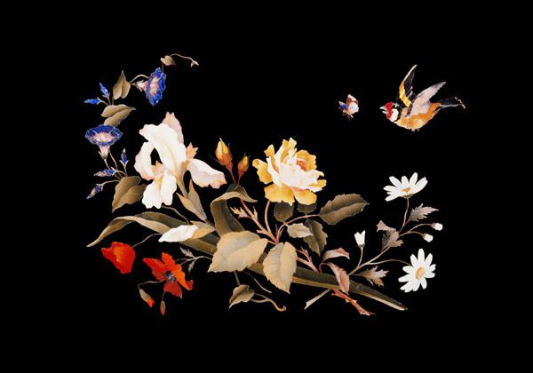 A Florentine Pietra Dura Panel, Inset With A Goldfinch Chasing A Butterfly Above A Floral Bouquet