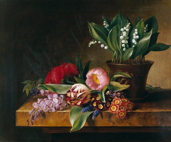 Lily Of The Valley, Tulips, Primula And Other Flowers On A Ledge von 