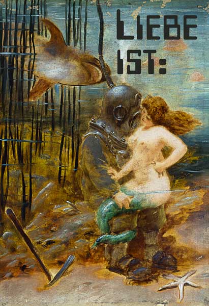 Deep Sea Diver with a Mermaid and a Shark mit Worten von 