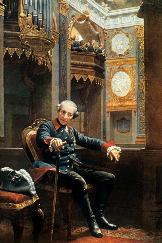 Friedrich II 
Nach seiner Rückkehr aus dem Siebenjährigen Krieg hört Friedrich der Große in der Sch von 