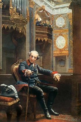 Friedrich II 
Nach seiner Rückkehr aus dem Siebenjährigen Krieg hört Friedrich der Große in der Sch