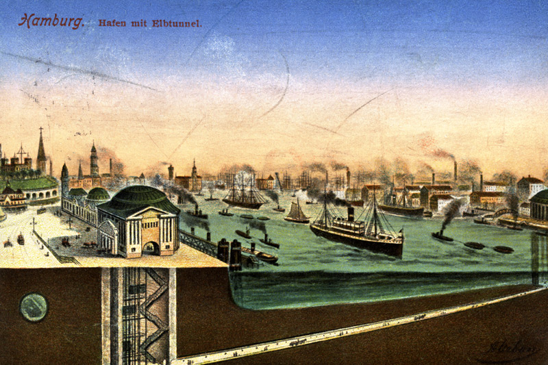 Hamburg, Querschnitt Hafen u. Elbtunnel von 