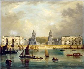 A View Of Greenwich,  From The River, With Commissioned Barges, A Collier Brig, Astumpy Barge And Ot