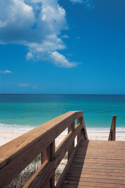 Wooden bridge over sand dunes enter beach (photo)  von 