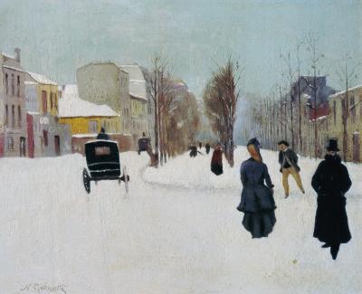 French street scene with snow