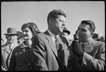 John F. Kennedy with reporter and Jackie Kennedy during the elections