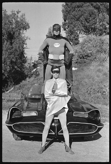 Batman and Robin and Batmobile on the set of the Batman TV series