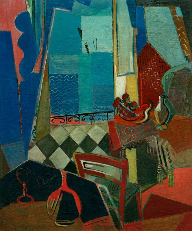 Fensterausblick mit Pfeife, Glas und Fliesenboden von Oskar Moll