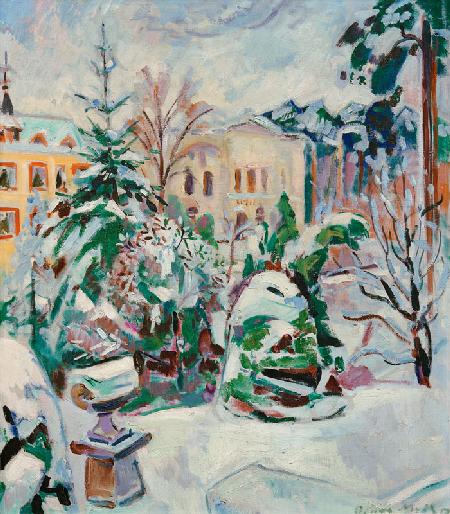 Verschneiter Park mit Häusern