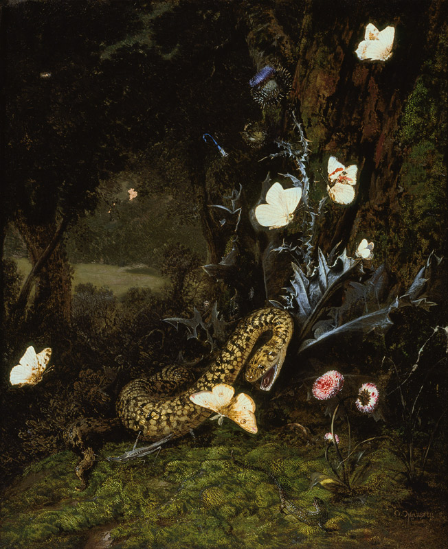 Grashüpfer, Schlange und Schmetterlinge bei einer Distel von Otto Marseus van Schrieck