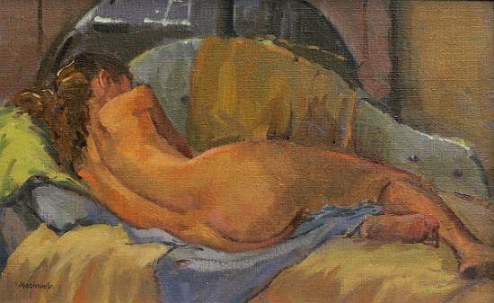 Nude on chaise longue (oil on sofa) von  Pat  Maclaurin