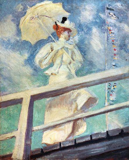 Frau in weißem Kleid mit Sonnenschirm