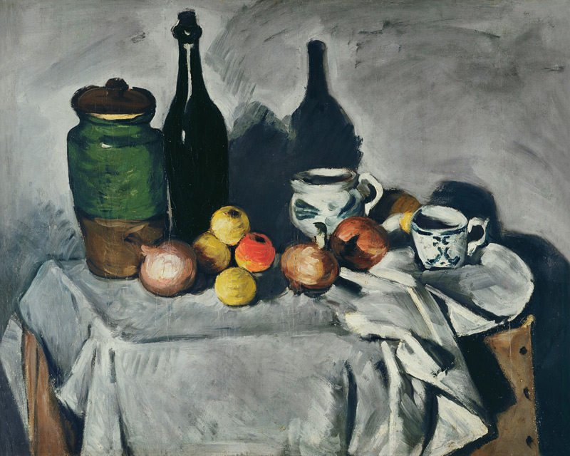 Stilleben mit Früchten und Geschirr von Paul Cézanne