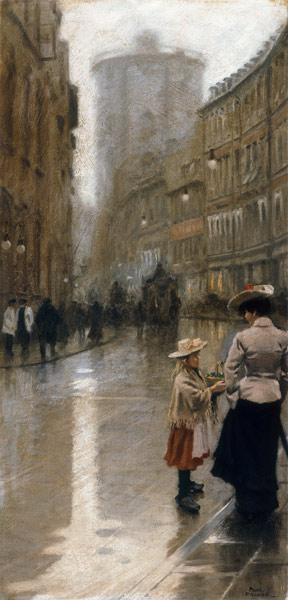 Die kleine Blumenverkäuferin. von Paul Fischer