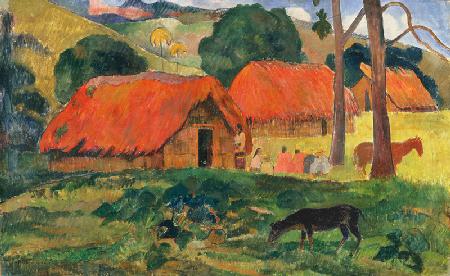 Hund vor strohgedeckten Hütten 1892